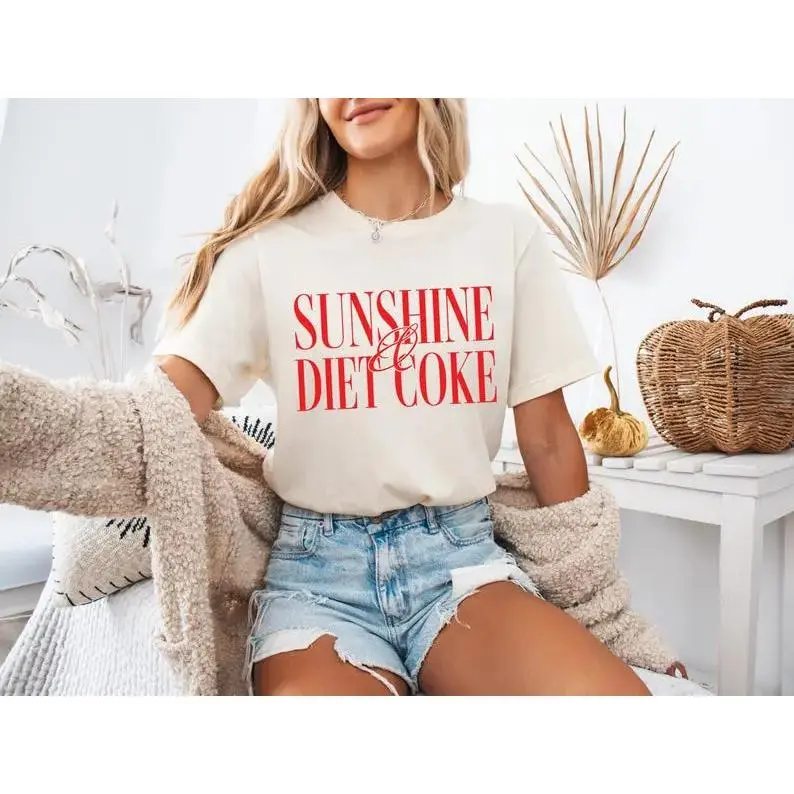 Comfort Colors Women's Short-Sleeve Sports T-Shirt, "Sunshine And Diet Coke" Graphic Crewneck - Old Money Quiet Luxury Summer Wear For Soda Fans