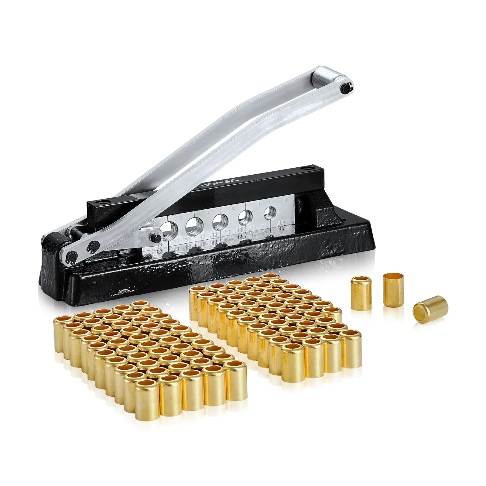 VEVOR Heavy Duty Ferrule Hose Crimper, Standard Bench Hose Crimping Tool with 100pcs Ferrules (0.593" & 0.625" ID), 0.44"-0.63" Crimping Range for PVC, Rubber & Air Hoses, Torch Hoses Repair Kit