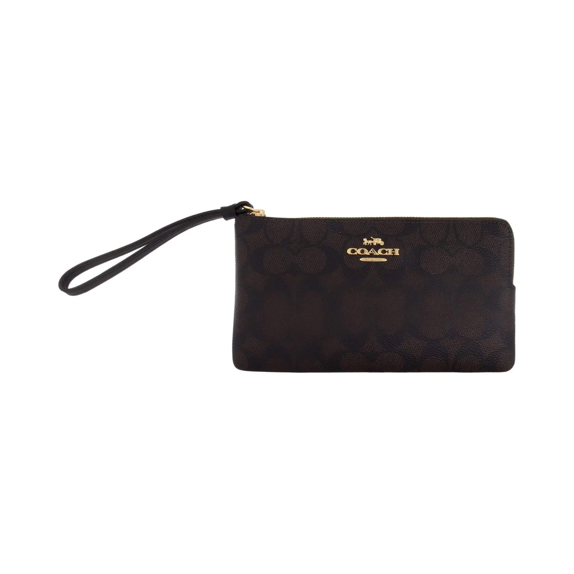 COACH Signature Logo Zip Top Clutch Bag for Women – Walnut and Black Faux Leather COACH Signature Logo Zip Top Clutch Bag for Women – Walnut and Black Faux Leather