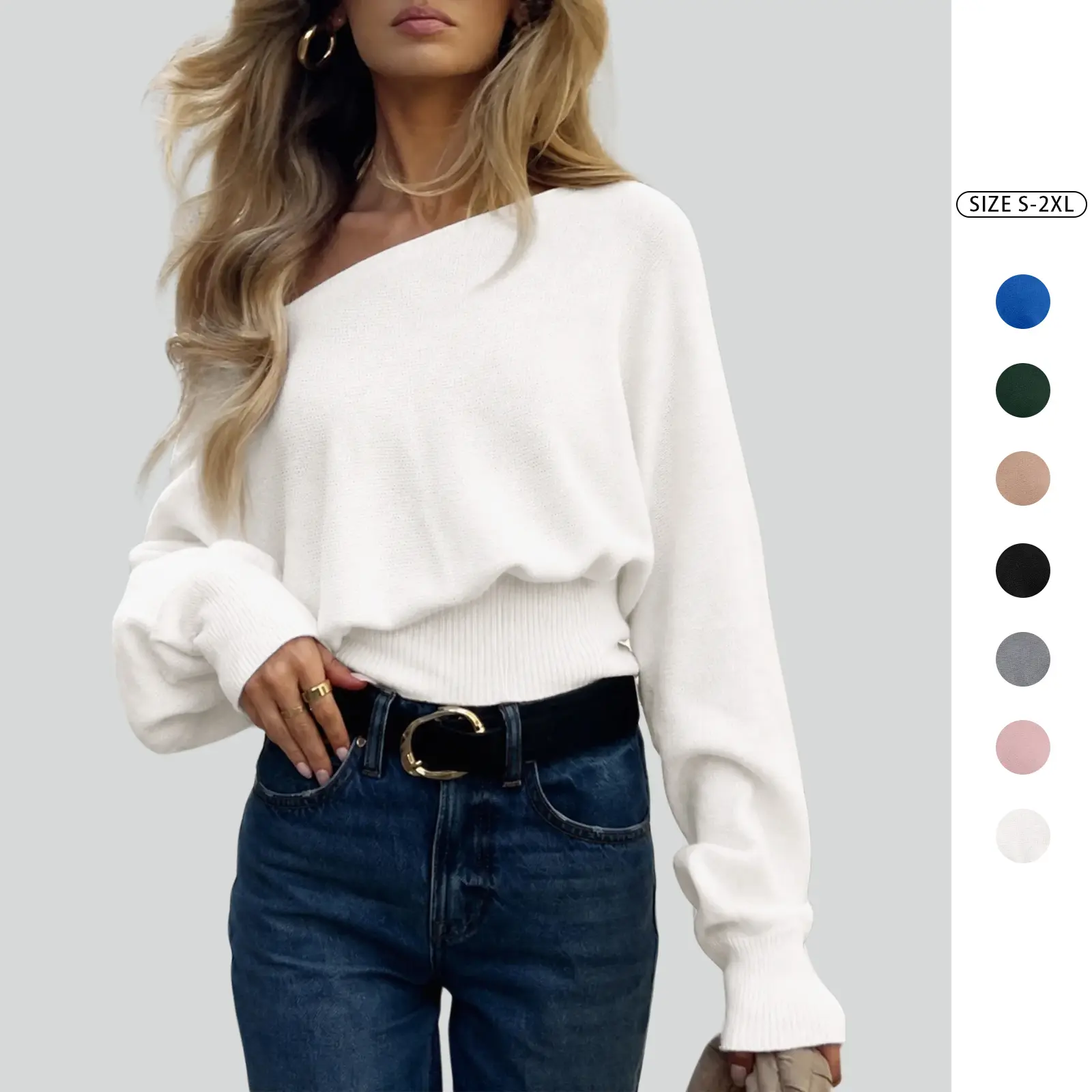 Imily Bela Off Shoulder Long Sleeve Knit Sweater Top Women's Casual Slouchy Cinched Waist Pullover Jumper