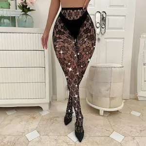 Rhinestone Bow Open Crotch Anti-Slip Suspender Fishnet Stockings