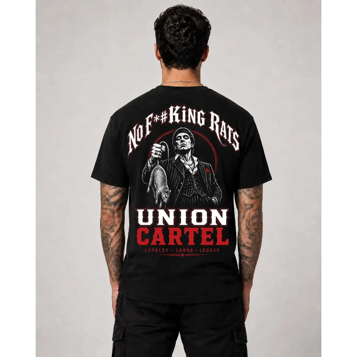 `Men's Union Cartel Tony Montana Graphic T-Shirt, No F* # king Rats Scarface Movie Retro Print Unisex Casual Crewneck Tee, Loyalty Labor Legacy Streetwear Top Gift For 80s Gangster Movie Fans`
