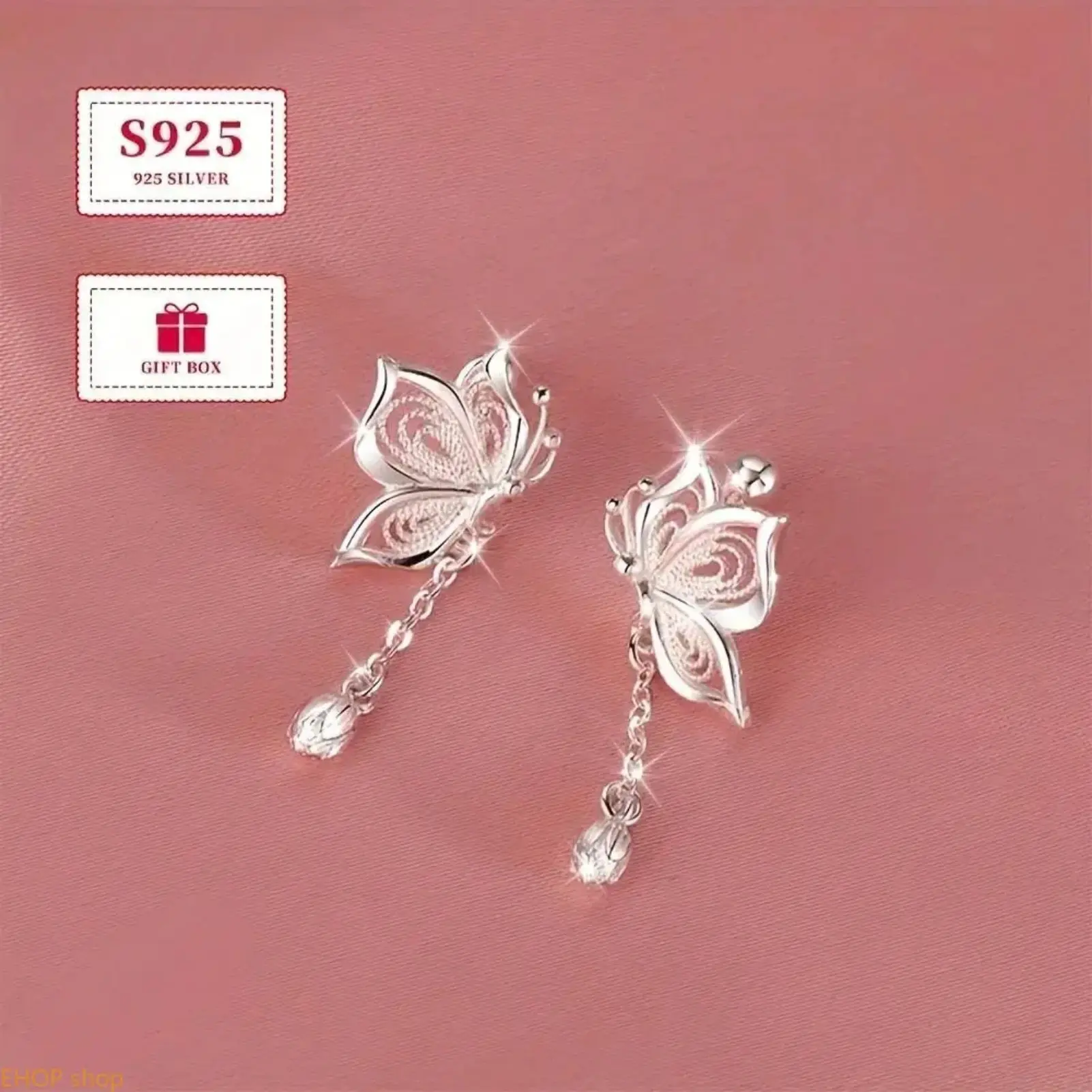 Women's 2-Piece 925 Sterling Silver Hollow Butterfly Bud Tassel Drop Earrings Set - Fashion Costume Jewelry for Daily & Party Wear, 1.8g, Sohochic