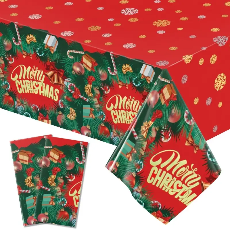 1/3 Pcs Disposable Waterproof Aluminum Foil Christmas Rectangle Tablecloth, 54×72/54×108 Inch Red Green Merry Christmas Wreath Print Decorative Table Cover for Holiday Dinner, Family Gathering and Christmas Party Decorations