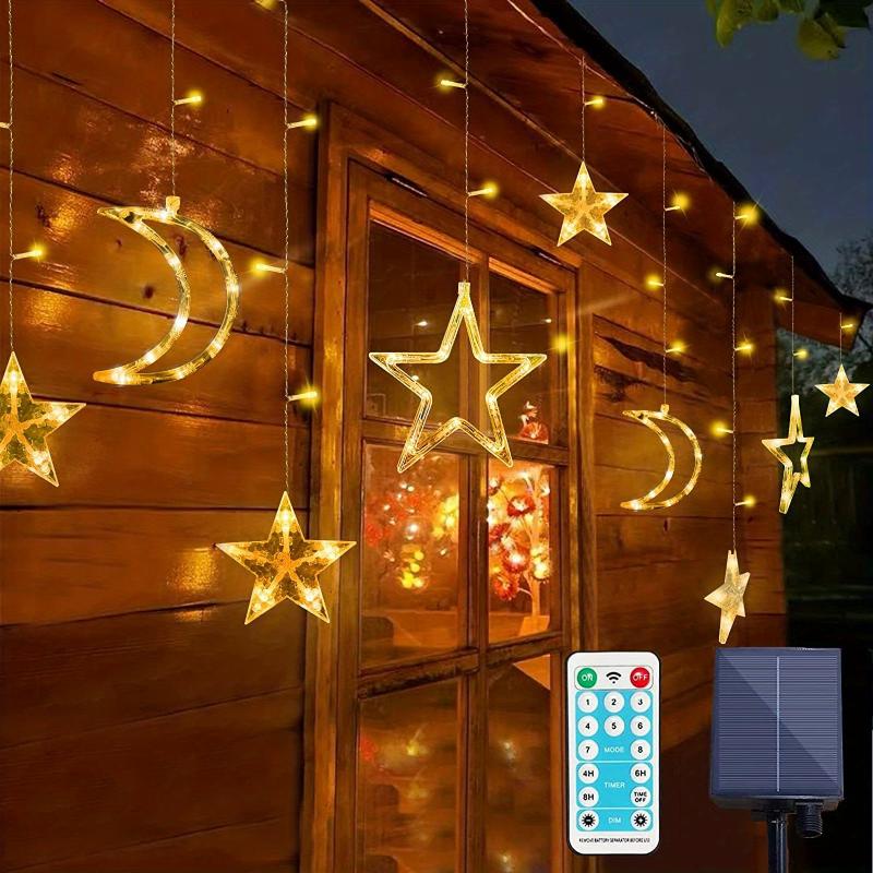 2-PACK Solar Star Moon String Lights Outdoor with Remote Control, 8 Modes, Waterproof Fairy Curtain LED Window Light Timer for Porch Windows Backyard Camping Garden Patio  Decorations, Garden Decor, Backyard Ambiance, Whimsical Design, Deco
