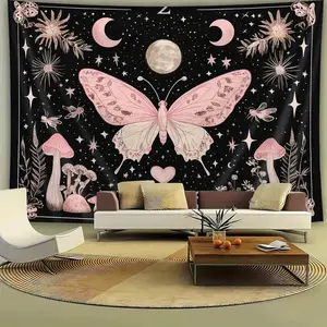 2D Flat, 1pc Bohemian Pink & Multicolor Tapestry with Vertical Wall Hanging - Free Installation Kit Suitable for Bedroom, Dorm, Living Room Decor - Room Decorations, Bohemian Wall, 2D Flat