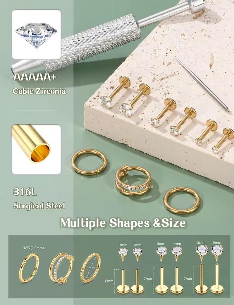 Viral 18G 16G Flat Back Earrings for Women with Piercing Ball Grabber Tool - 316L Surgical Steel Cartilage Hoop Earrings Stack, Internal Thread CZ Stud Piercing Jewelry for Tragus Helix Conch & Hypoallergenic Lip Nose Rings Hoops