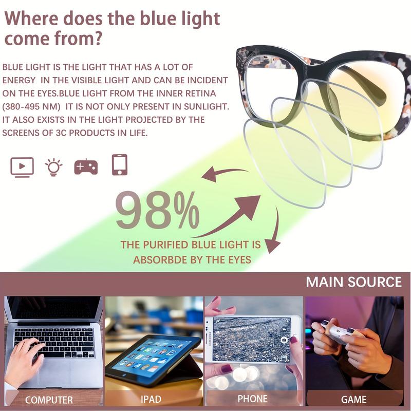 DEAAOK 3-Pack Fashionable Reading Glasses Blue Light Blocking Square Computer Readers For Women Dpring-Loaded Hinge