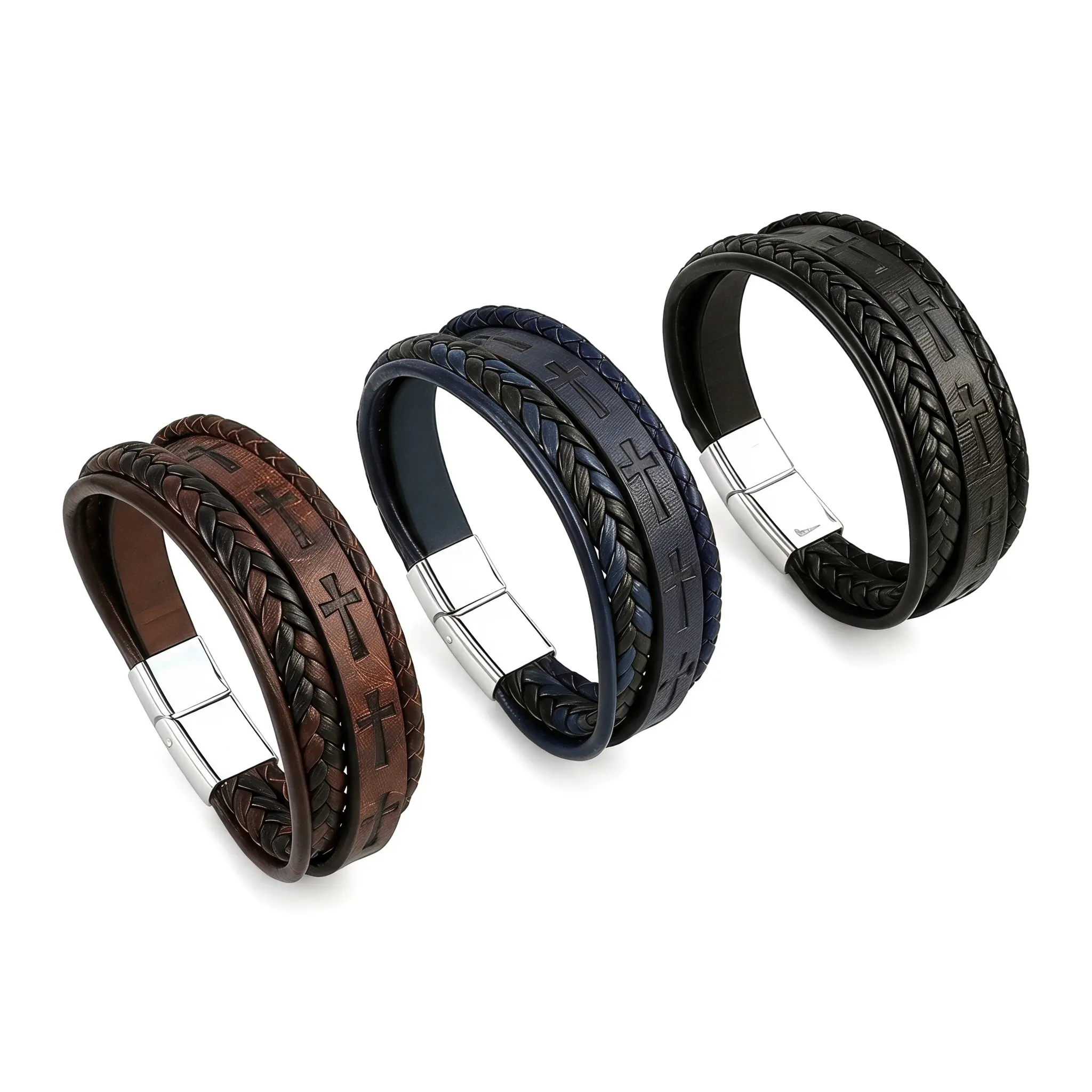 Vintage Western Americana Braided Leather Bracelet For Men Cross Embossed Layering Bangle Magnetic Clasp Indie Sleaze Biker Mens Jewelry Everyday Wear Boyfriend Anniversary Present Music Festival Outfit