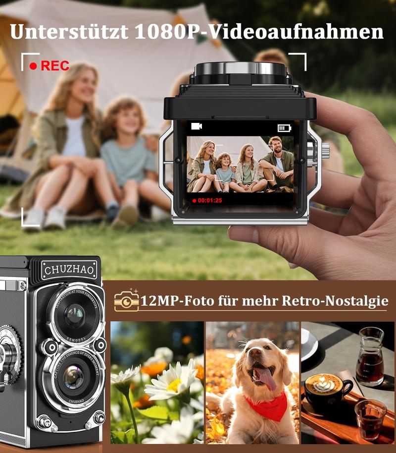 CHUZHAO Digital Camera Retro, Portable TLR Style -Lens  Camera, 12MP Autofocus 1080P FHD Point and Shoot Pocket Vlogging Retro Digital Cameras with16 GB Card for Beginners Teens Boys Girls