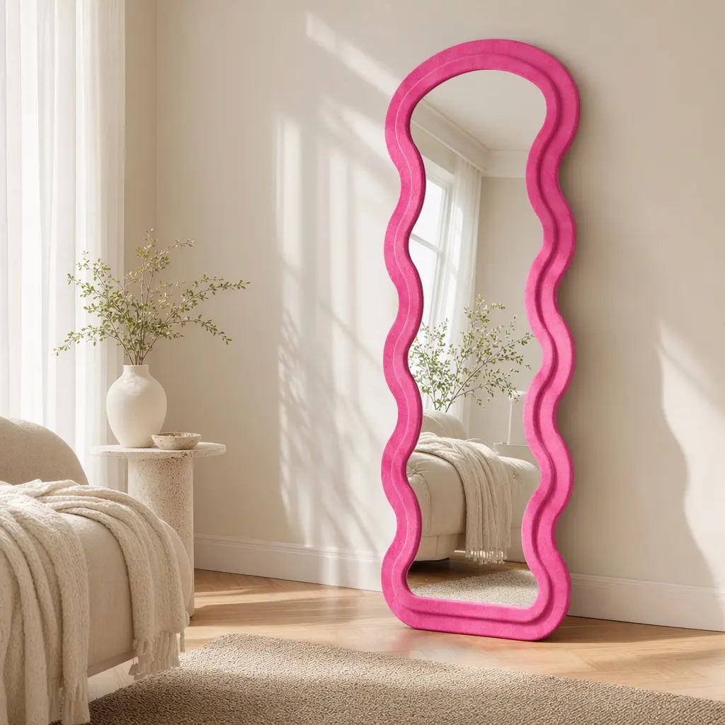 ARCH Wooden Wave Rose Flannel Life-Size Curvilinear Mirror - Modern Home Decor, Hanging or Wall-Leaning Standing Mirror for Bedroom Women's Clothes Styling Aid, Sharp Reflection, Ideal Gift Option