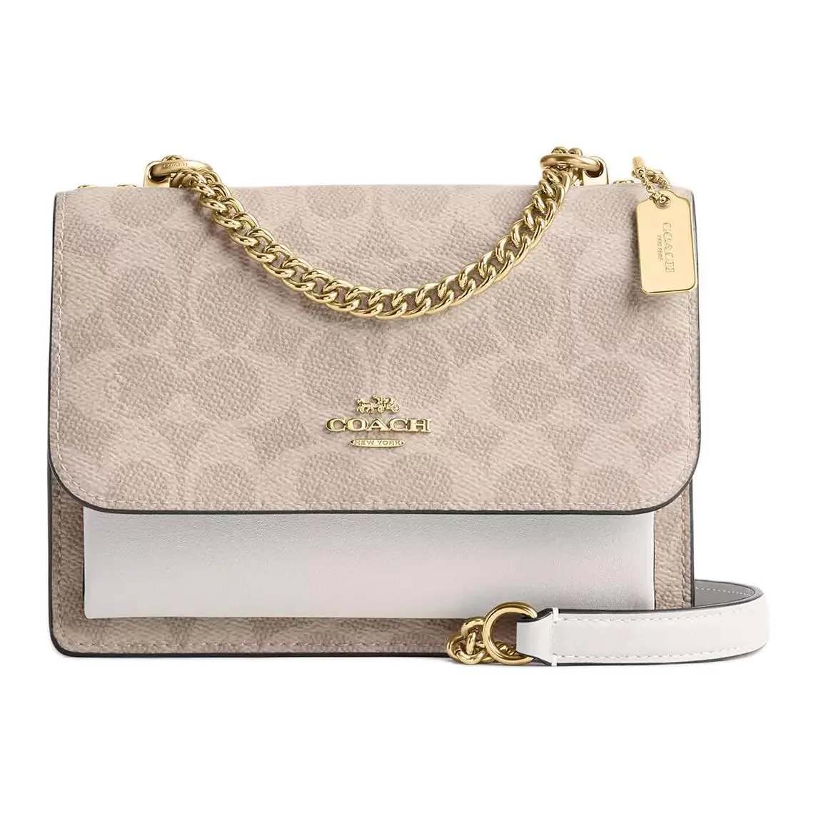 COACH Klare 17 Small Crossbody Bag for Women – Metallic Gold Logo, Coated Canvas, Sand and Chalk White