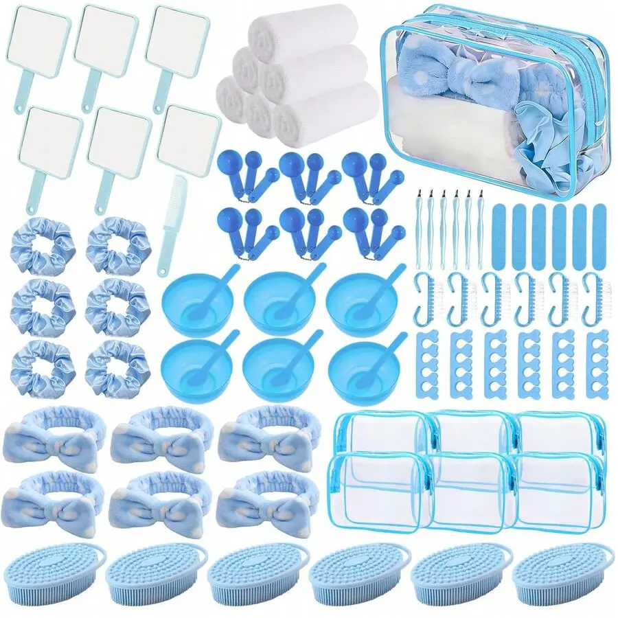 6 Set Spa Party Favors Supplies Bulk, Include Face Mask Mixing Bowl Set, Air Cushion Comb, Mirror, Headband, Scoop, Hair Bands, Cosmetic Bags,Face Wash Towels For Spa Sleepover Birthday Party Supplies