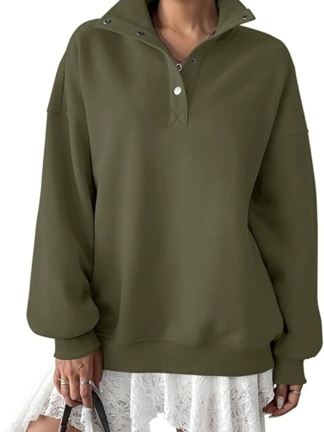 Women's Solid Color Stand Collar Half-Button Sweatshirt, Loose Fit Drop Shoulder Long Sleeve Top, Casual Daily Wear Pullover