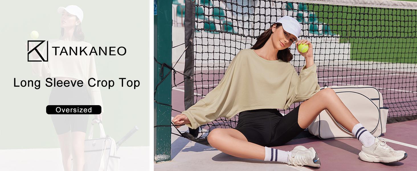 Fashare Womens Long Ballon Sleeve Sweatshirts Tops Cropped Crew Neck Loose Fit Casual Workout Shirts