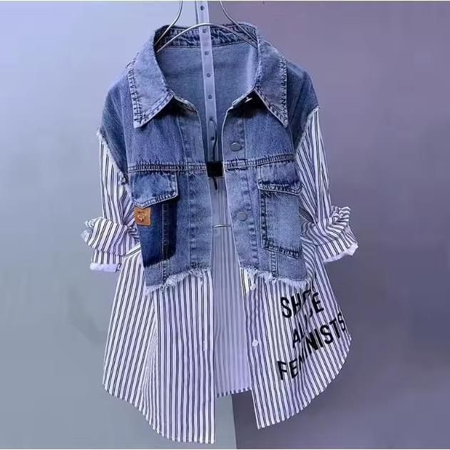 Women Denim Jacket Fake Two Denim Shirts 2025 New Spring Summer Autumn Casual Fashion Joker Stitching Striped Tops Coat Female