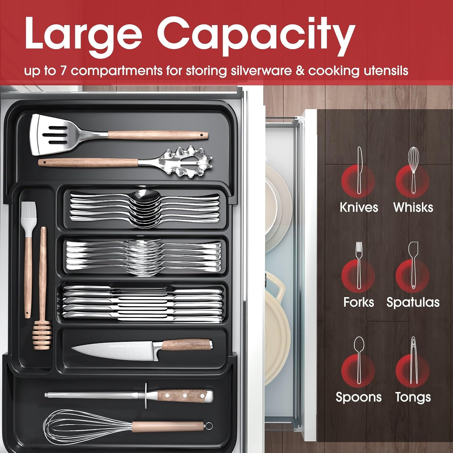 Silverware Organizer - Expandable Kitchen Drawer Organizer, Adjustable Utensil Organizer, Cutlery Tray for Forks, , Multipurpose Kitchen Organizers and Storage Solution, Black, Medium Silverware Organizer - Expandable Kitchen Drawer Organizer, Adjustable Utensil Organizer, Cutlery Tray for Forks, , Multipurpose Kitchen Organizers and Storage Solution, Black, Medium