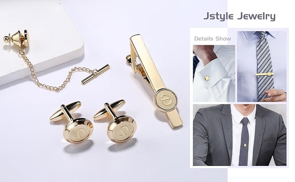 Drperfect Initial Cufflinks and Tie Clip Set for Men Personliazed Stainless Steel Cuff Links Tie Bar and Tie Pin Letter Alphabet A-Z for Wedding, Groomsmen, Husband, Father