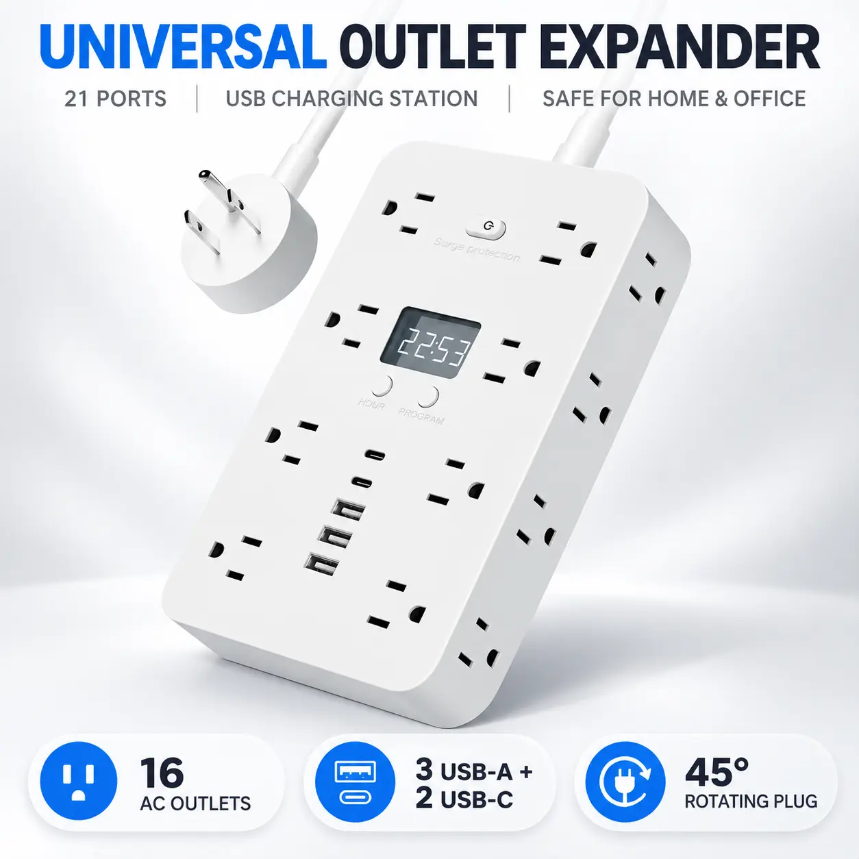 Multi Outlet Extender with 21 Charging Options, 16 Electrical Sockets, 3 USB-A Ports and 2 USB-C Ports, Space Saving Rotating Plug Power Strip for Home, Office and Dorm