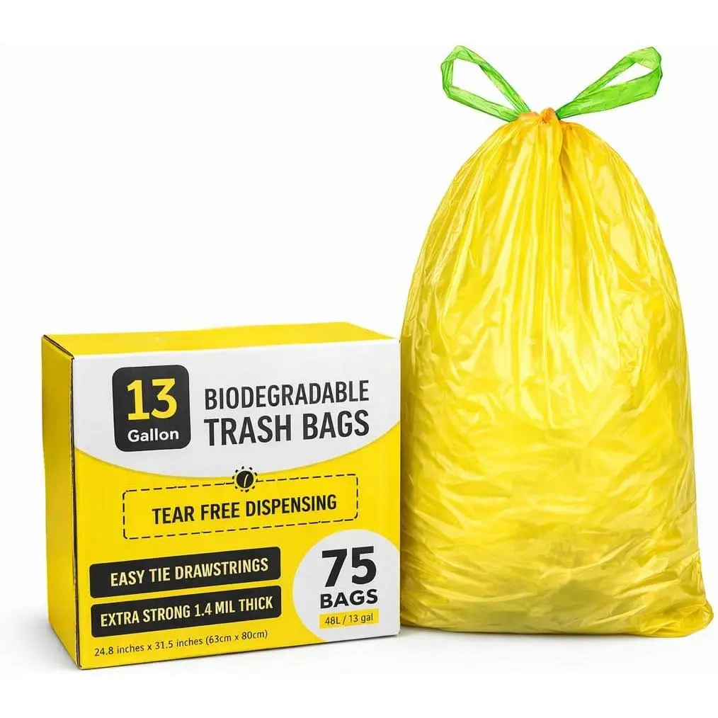 Biodegradable Trash Bags with Drawstring, Thick Plant Based Tall Kitchen Garbage Bags with Convenient Tear-free Dispensing, Heavy Duty Leak Resistant Garbage Liners