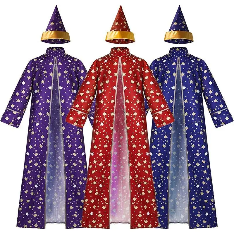 Men Magic Magician Costume with Blue Robe Cloak Hat Star Moon Magician Wizard Cosplay Costume Adult Role Playing Clothing