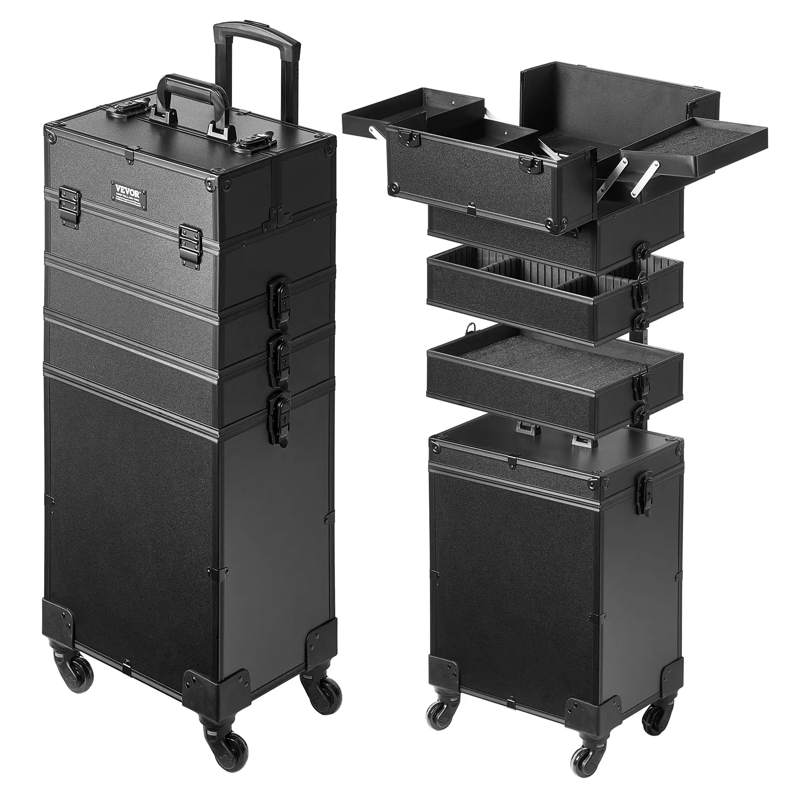 VEVOR 5 in 1 Professional Makeup Train Case Aluminum Cosmetic Case, Rolling Makeup Case Extra Large Trolley Makeup Travel Organizer, with 360 Swivel Wheels Adjustable Pull Rod, Black