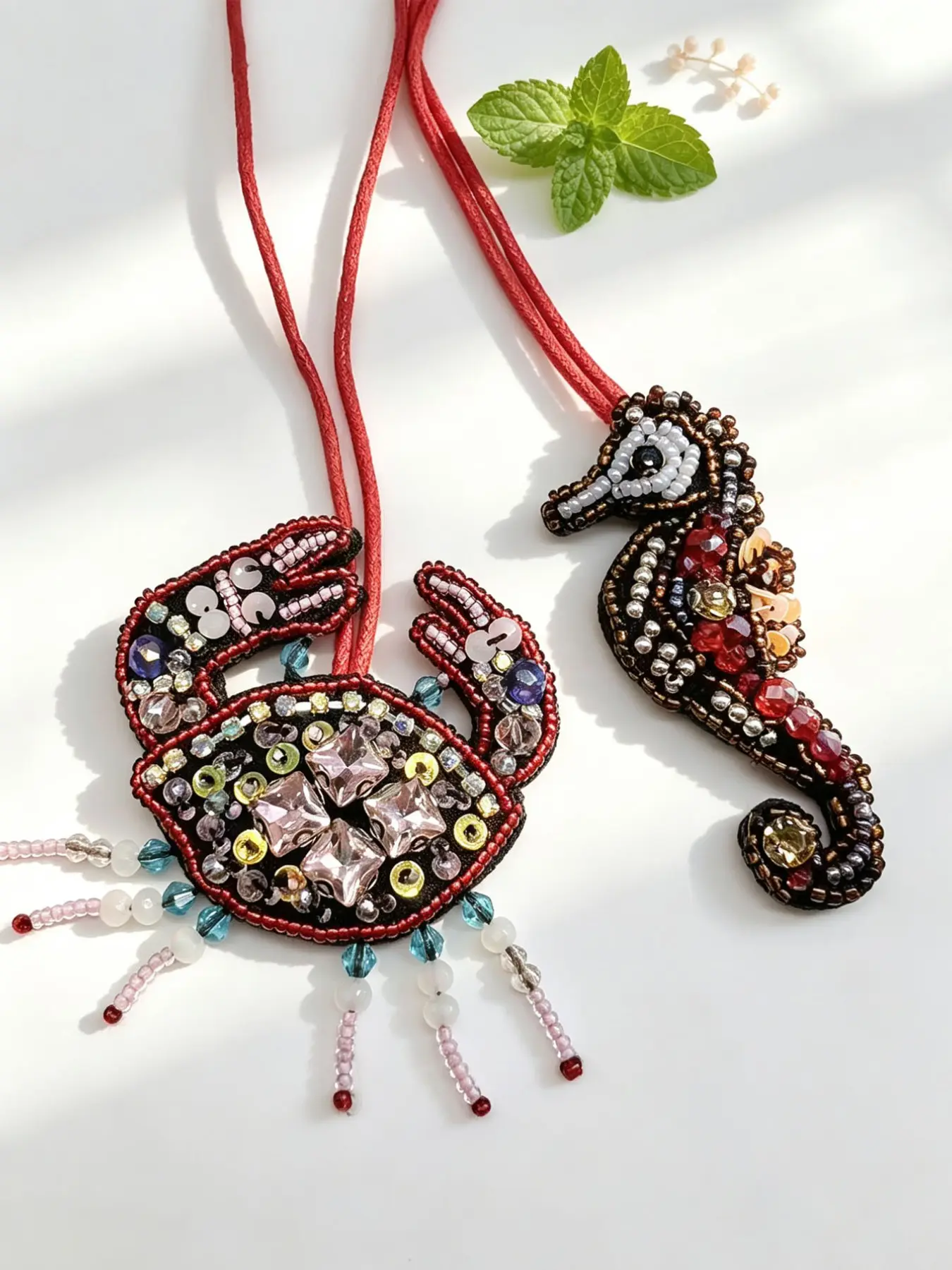 Vintage Colorblock Handmade Beaded Lanyard Set, Rhinestone Crab Seahorse Pendant, Backpack Zipper Decor, Couples Friends Family Gift