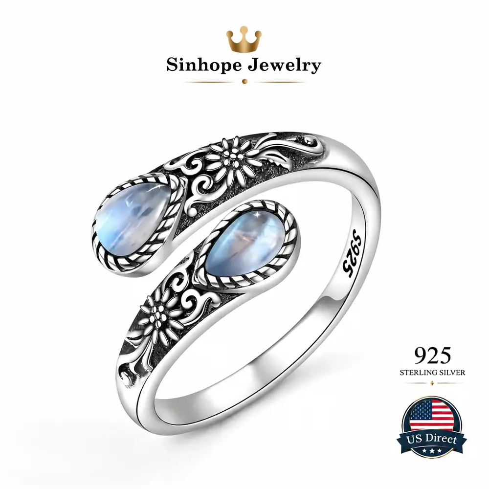 Retro Floral Engraved S925 Silver Moonstone Open Ring, Dual Teardrop Moonstone Adjustable Ring, 4mm Width 5.2g Skin-Friendly Accessory, Boho Elegant Jewelry Gift for Her