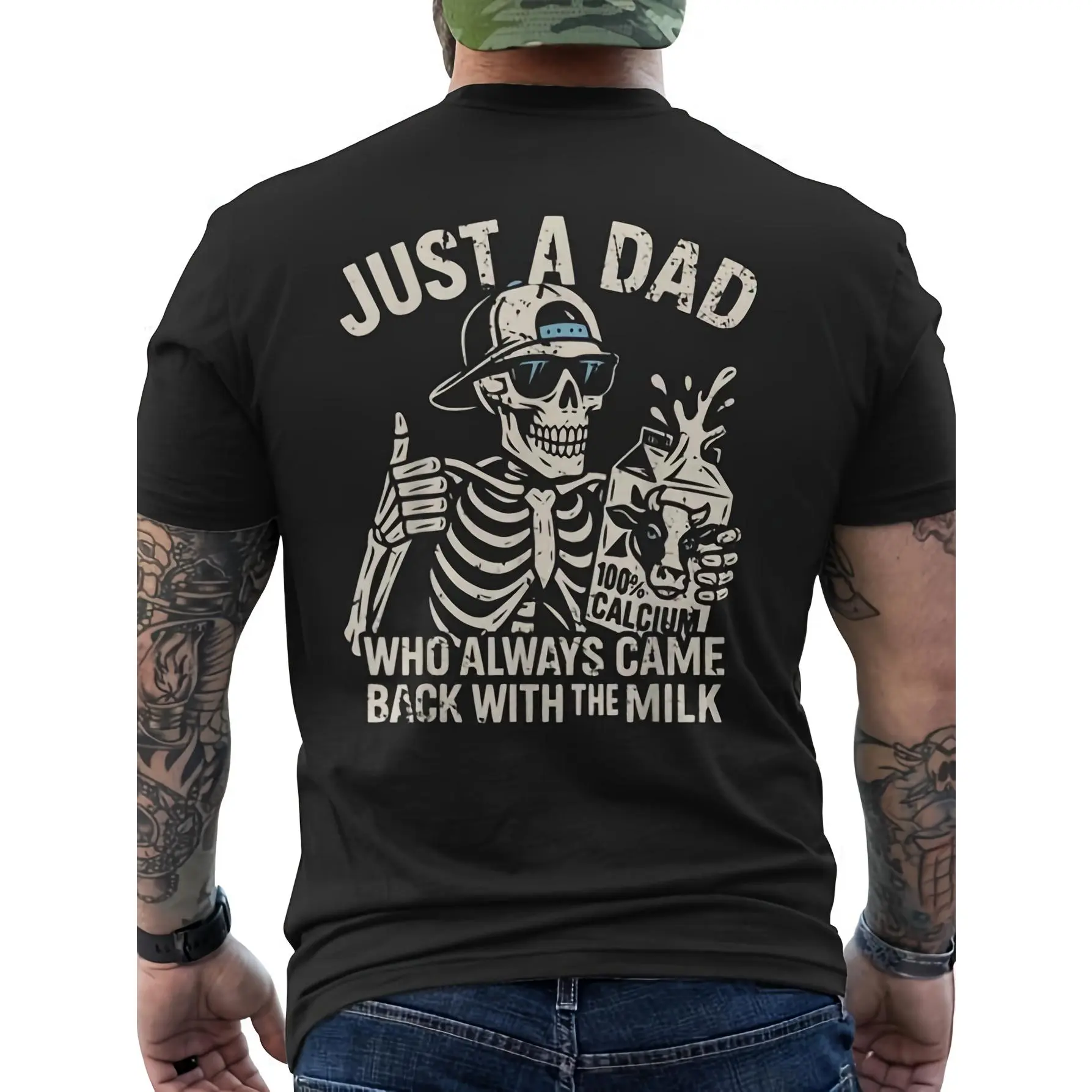 [100% Cotton] 100% Cotton  Mazezy Men's Funny Dad T-Shirt - "Just a Dad Who Always Came Back with The Milk" Slogan & Calcium Skeleton Back Print, Black Casual Round Neck Tee for Gym, Halloween Costumes, Birthday Gifts  Streetwear Menswear Basic Print Soft