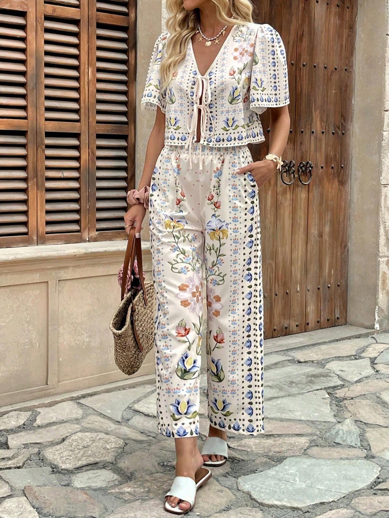 Two-piece Set Women's Floral Print Tie Front Crop Top & Wide Leg Pants, Boho Bohemian Casual Top & Trousers for Beach Vacation Holiday, Ladies Clothes for Summer, Womenswear, Matching Clothing Set, Casual Outfits Women, Casual Lounge Set