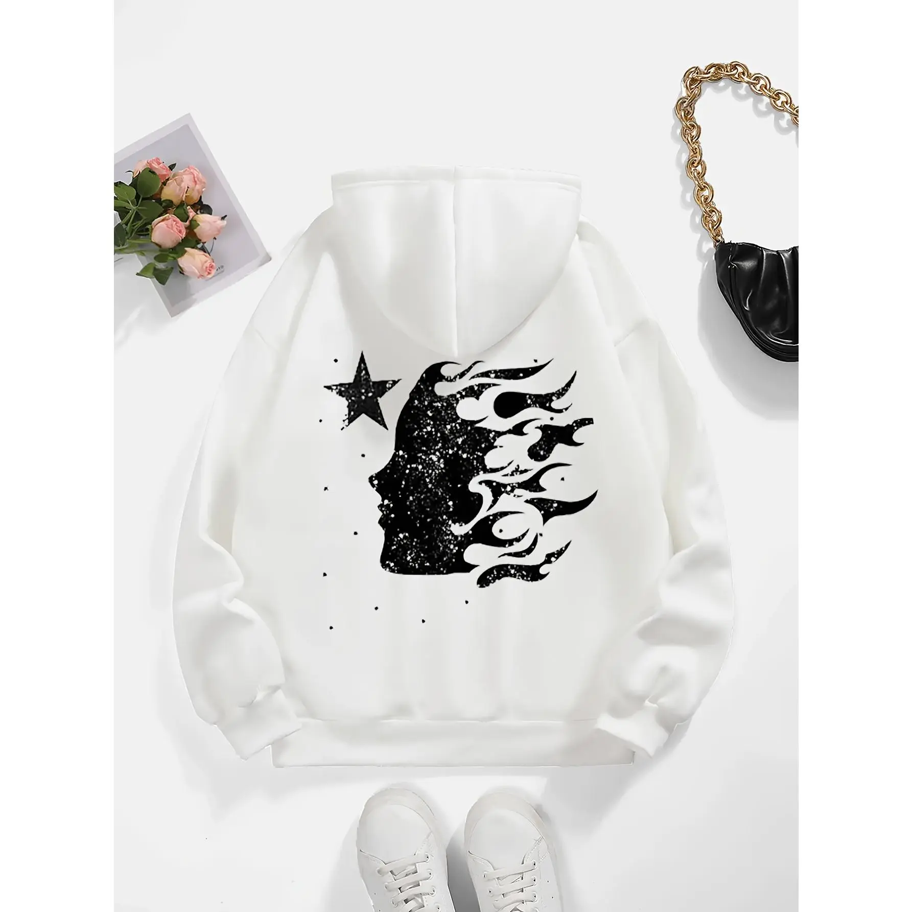 Abstract Flame Portrait Printed Hooded Sweatshirt, Women's Art Trend Style Top, Comfortable New Autumn and Winter Outfit, Niche Design Without Collision