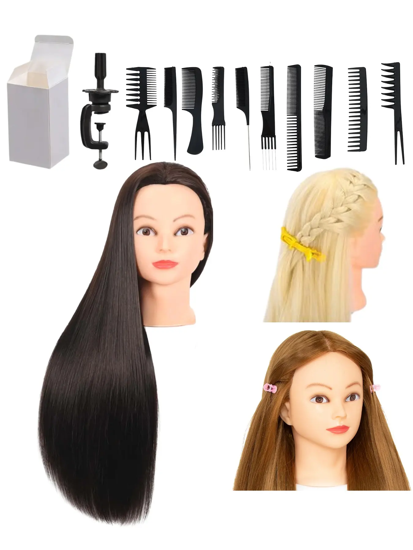 Light Skin Woman Blonde Synthetic Hair Practice Mannequin Head 26 To 28 Inch Long Straight Hair Manikin Head Equipped With Clamp Holder And Multi‑Style Salon Comb Kit For Beginner Hair Braiding And Updo Styling Training