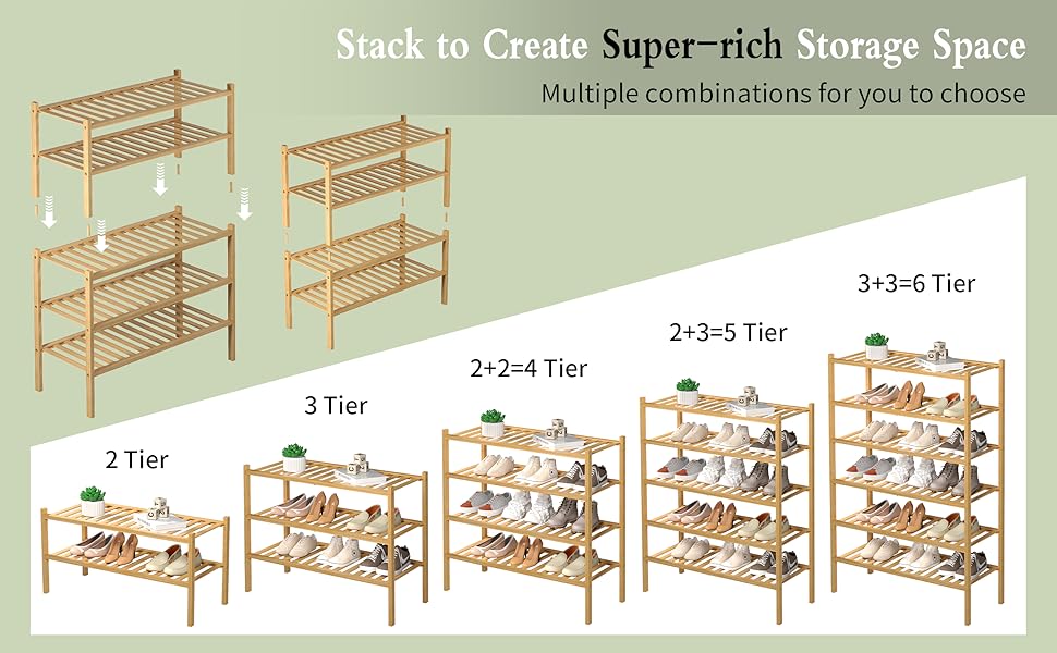 3 Tier Bamboo Shoe Rack for Closet Free Standing Wood Shoe Shelf Storage Organizer for Entryway Small Space Stackable 27"x11"x20" (Natural)