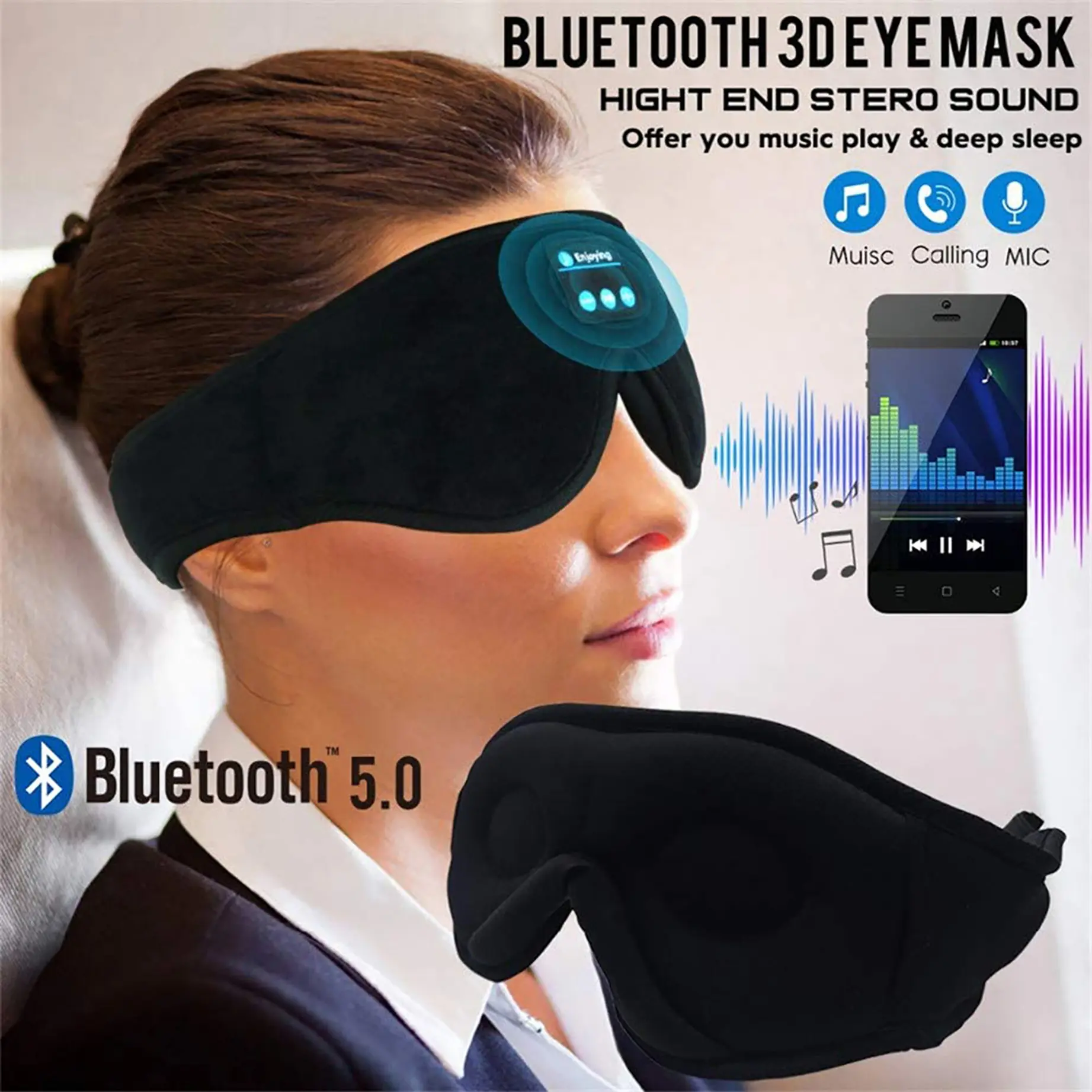 Bluetooth V5.0 Wireless Stereo Music Sleep Mask - Light-Blocking Blackout Eye Mask with Built-in Speakers, Side Sleeper Fit for Travel, Relaxation