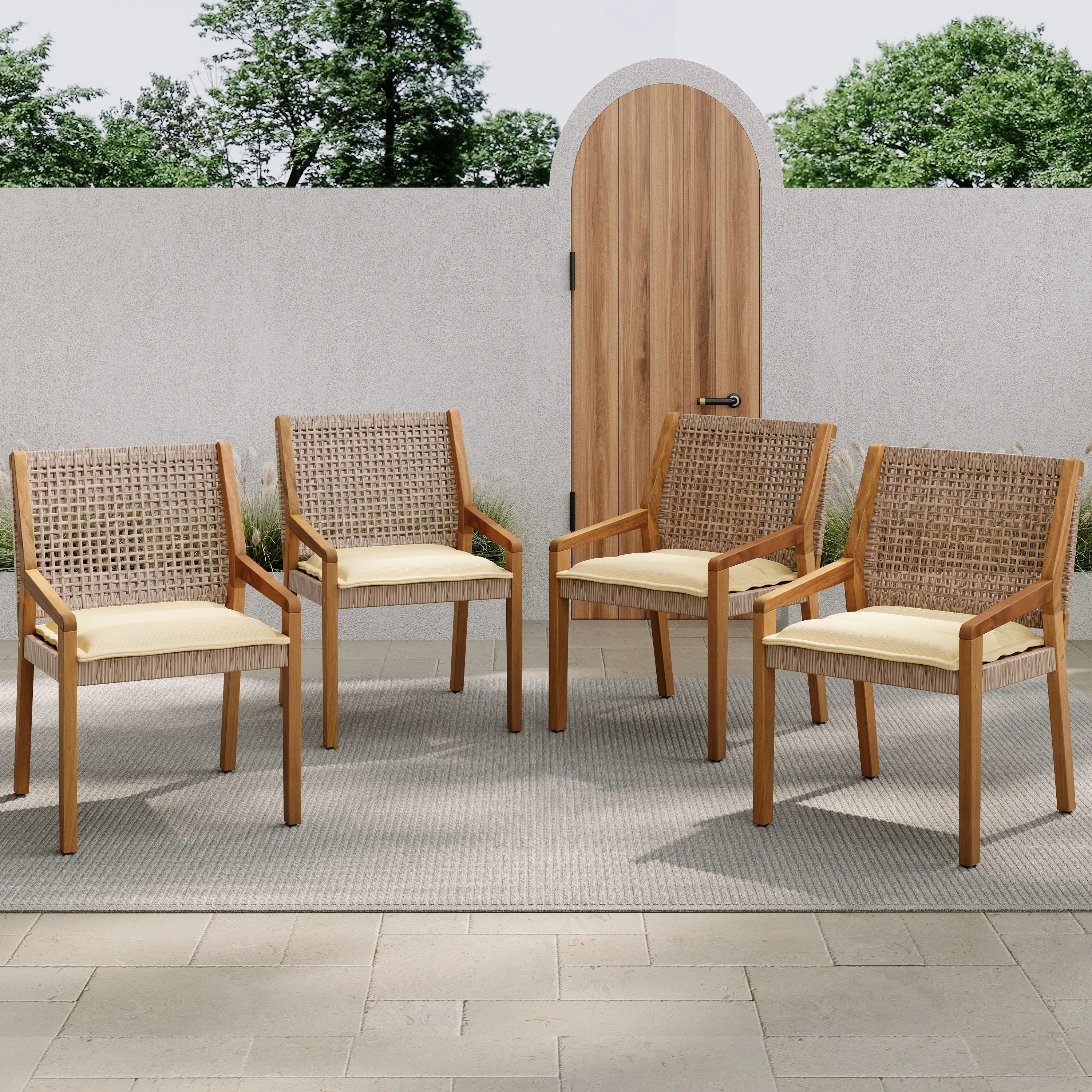 ARCH Outdoor Dining Chair Set of 4 Acacia Wood Wicker Patio Chairs with Cream Cushion Teak Finish Brown Garden Furniture for Large Gatherings Backyard Deck Poolside Seating, Dining Room Chairs for Kitchen, Dining Room, Living Room