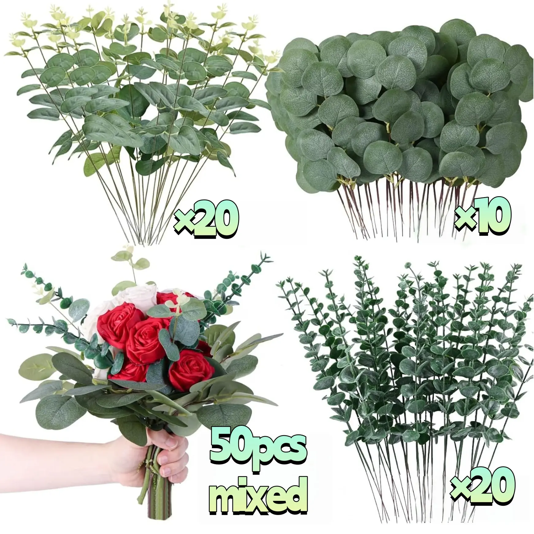 50 Pcs 3 Kinds Mixed Eucalyptus Stems Bulk Decorative Fake Plants Artificial Eucalyptus Leaves Sprays Faux Oval Eucalyptus Greenery Stems for Wedding Vase DIY Bouquets Bouquet Floral Arrangement Home Decor