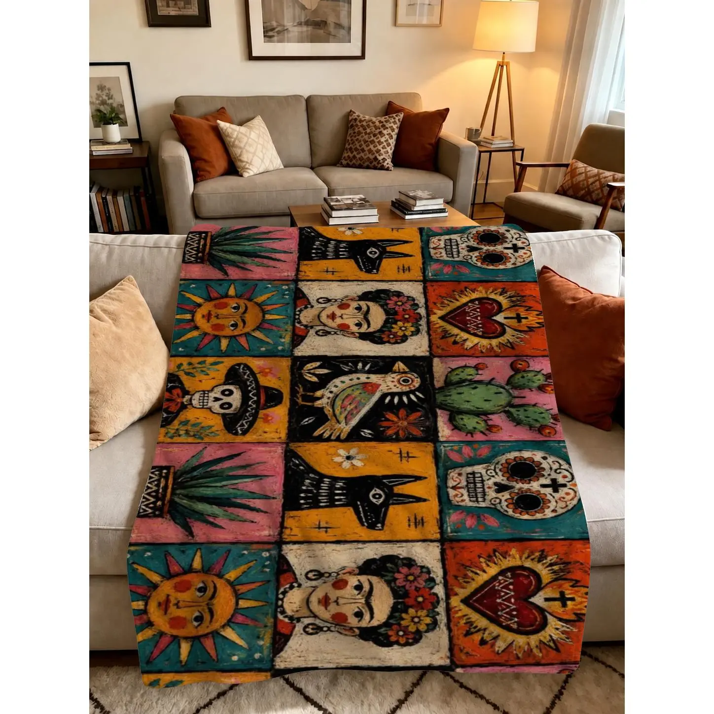 1Pcs Mexican Folk Art Checkered Print Flannel Throw Blanket Sugar Skull Sun Cactus Sacred Heart Pattern Soft Blanket for Day of the Dead Home Decor Living Room Couch Bed Sofa All Season Use