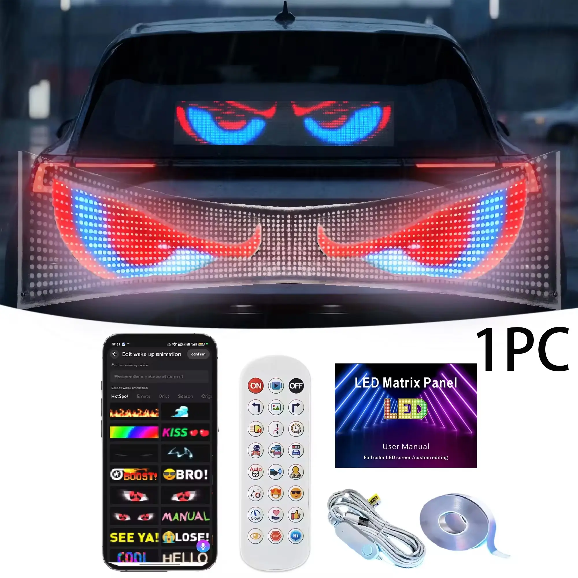 DIY Custom Text Car LED Display Board, Bluetooth APP & Remote Dual Control Flexible LED Car Sign, Colorful Animated Vehicle Rear Window Light Screen