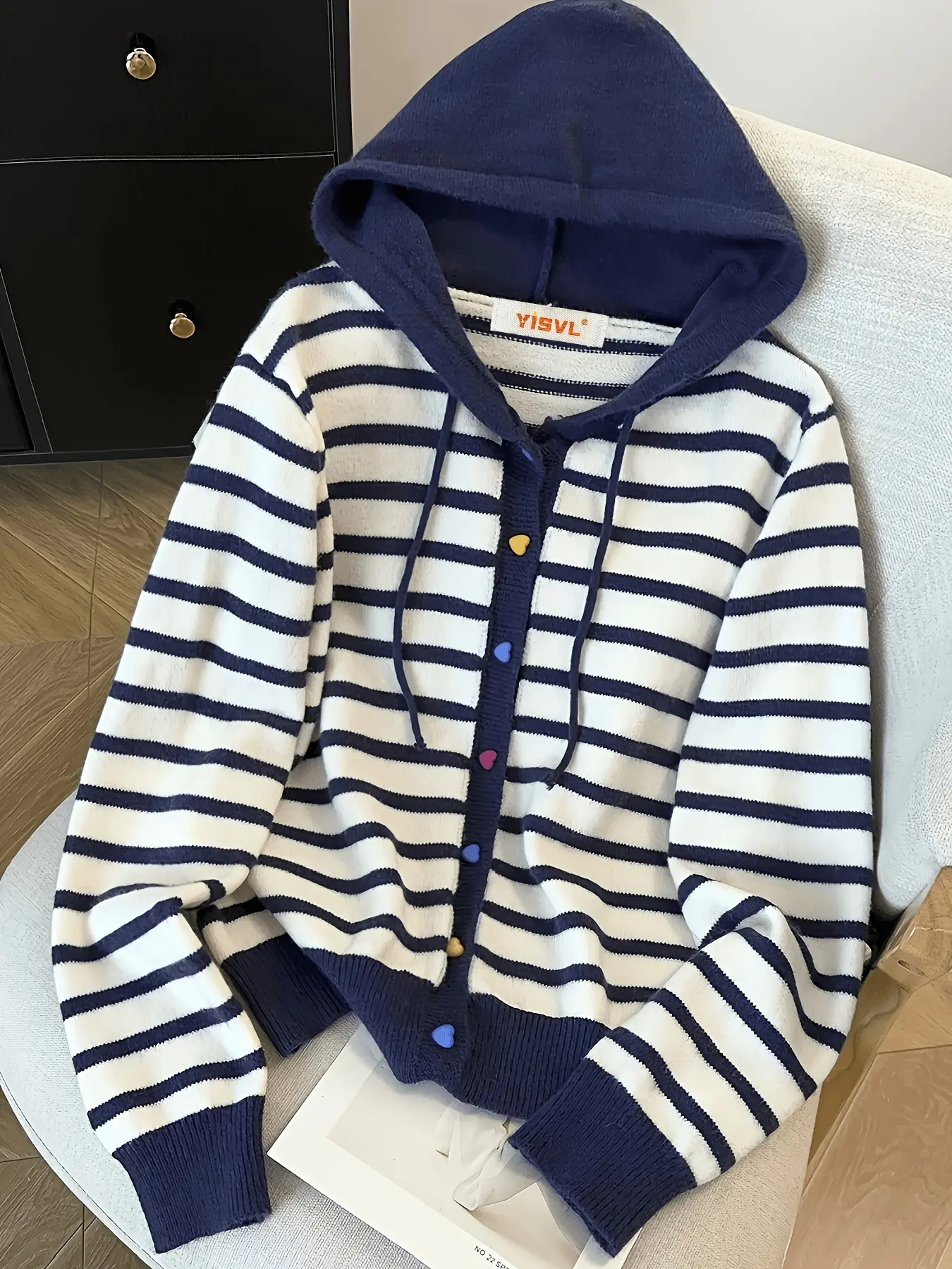 Cute Heart Button Striped Hooded Sweater Cardigan, Spring Autumn Loose Casual Hooded Sweater Sweatshirt, Fashion Women'S Sweater Cardigan