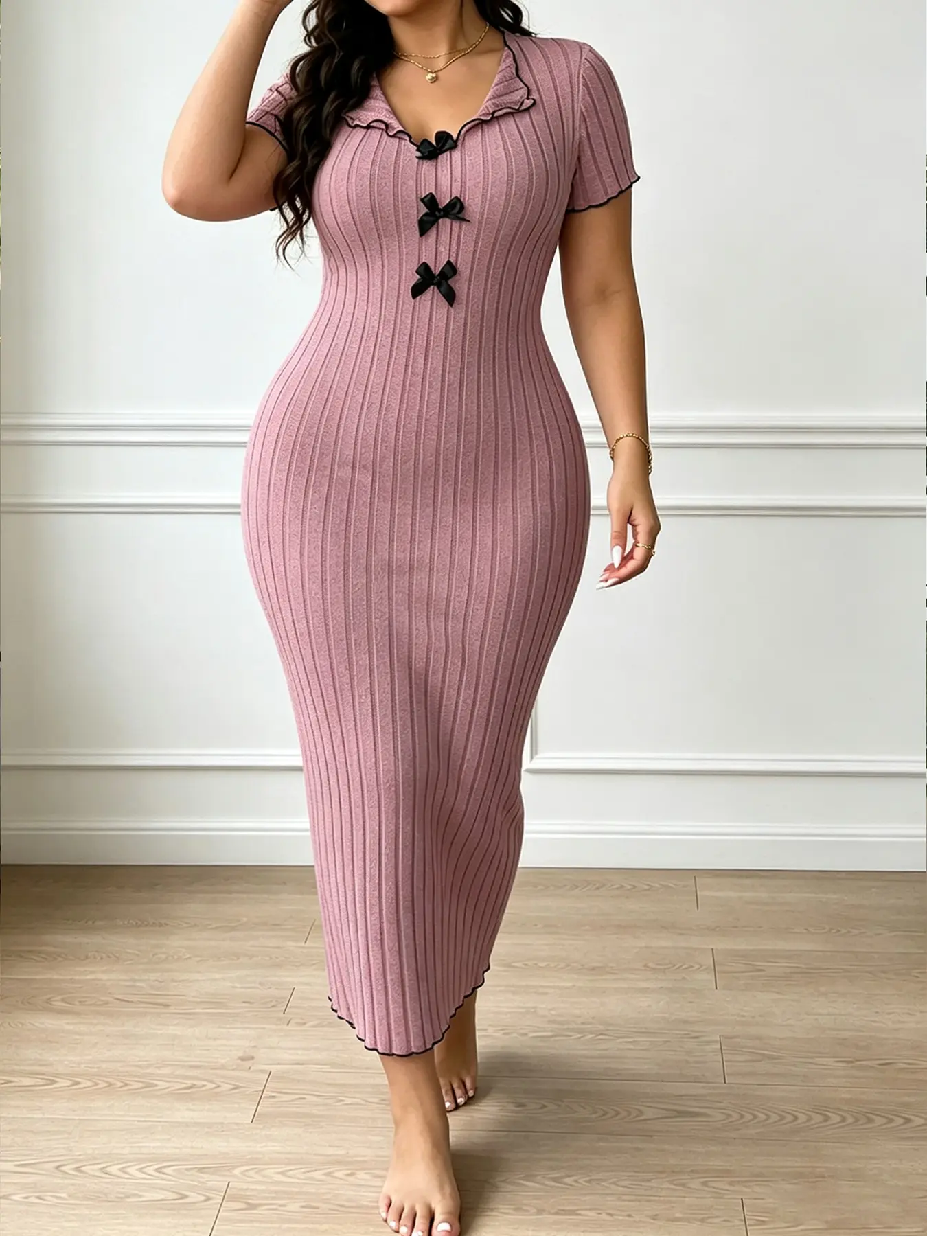 Plus Size Women's Soft Solid Ribbed Knit Dress, V Neck Pleated Short Sleeve Bow Detail Bodycon Dress, Casual Wear, Suitable for Home and Outdoors
