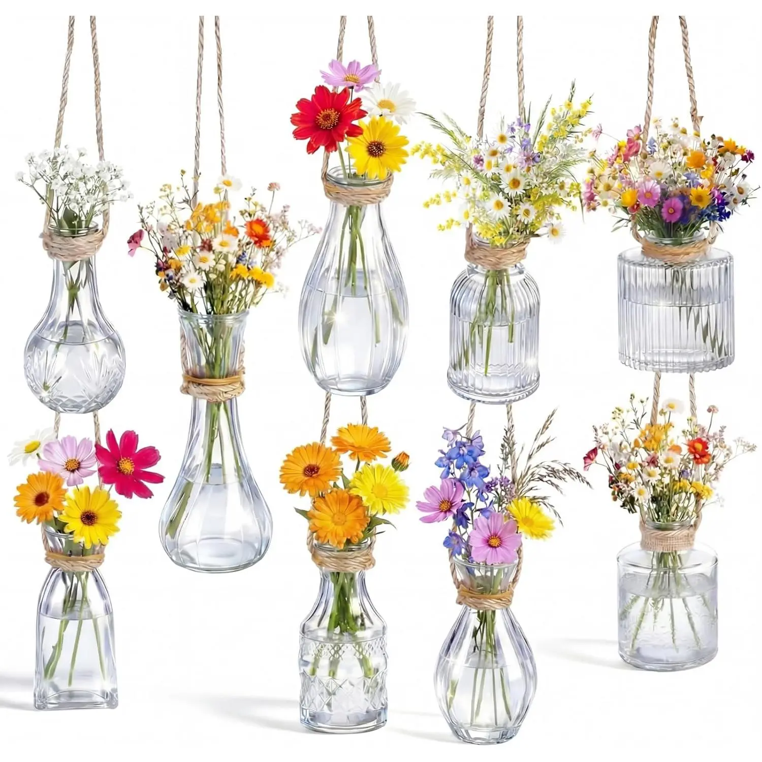Baderke Set of 9 Glass Window Propagation Vases with Jute Rope Small Wall Propagation Vases Mini Vintage Embossed Flower Vase for Plant Lover Wedding Party Gift Hydroponic Garden Home Decoration