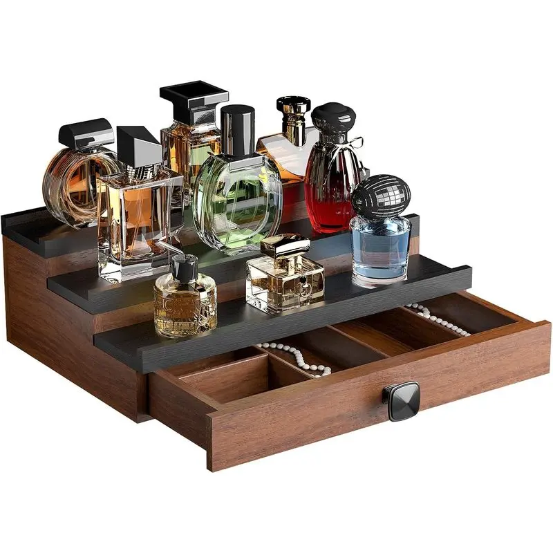 Cologne Organizer for Men: with Hidden Vault & Drawer, 3 Tier Wooden Cologne Stand Desktop Perfume Display Shelf, Bedroom Dresser Makeup Lotion Jewelry Storage Organizer﻿