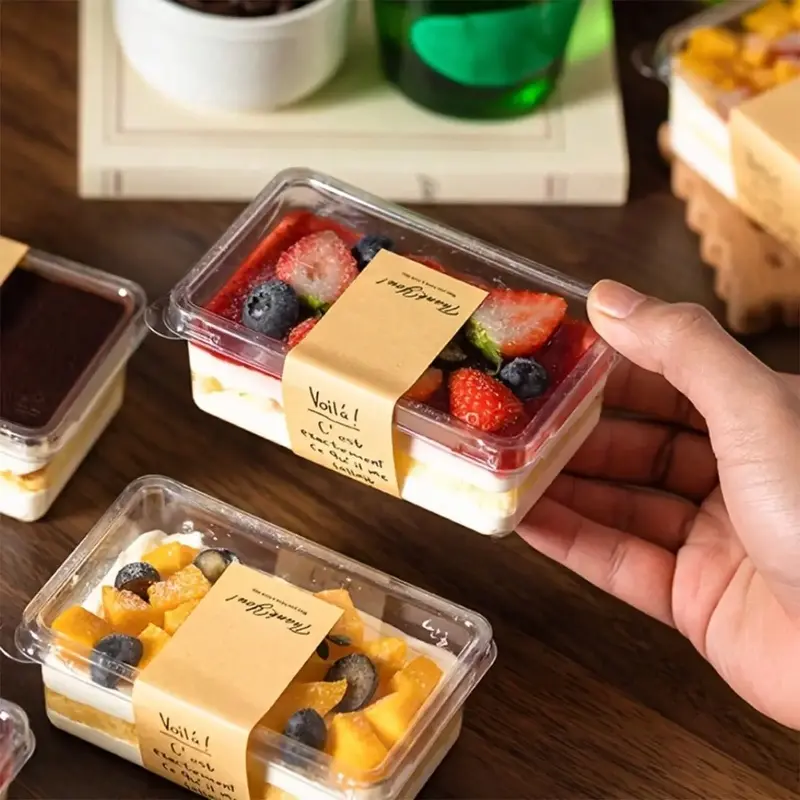 Rectangular Dessert Box Set with Labels and Stickers, Multi-Functional Tiramisu Cake Container, Portable Food Storage for Pastries and Bread, Clear Container