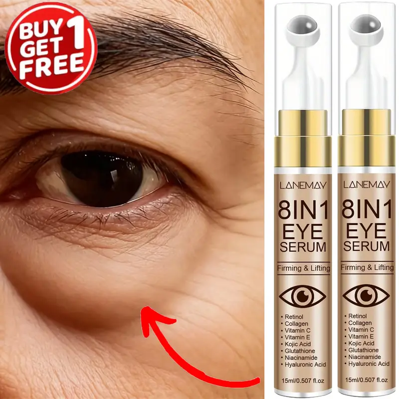 8-in-1 Eye Serum (2pcs) - Eye Tightener, Under Eye Elixir, Instantly lifts the eye area, deeply moisturizes, with smooth texture, 360-degree eye roller massage enhances absorption, Contains retinol, collagen, niacinamide, hyaluronic acid