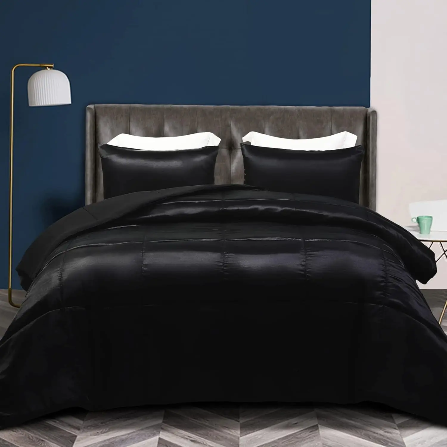 3-Piece Reversible Silky Soft Queen Comforter Bedding Set, Luxurious Satin Comforters Full Size with 2 Satin Pillowcases, Lightweight Duvet for All Seasons, Black