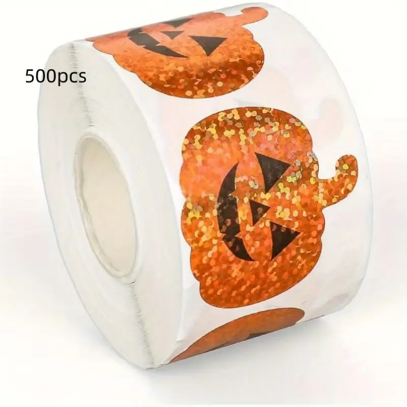 500 Self-Adhesive Pumpkin Tags, Cute Glittering Pumpkin Face Stickers, Perfect for Halloween Party Gifts, Gift Wrapping, Envelope Seals, Classroom Decor