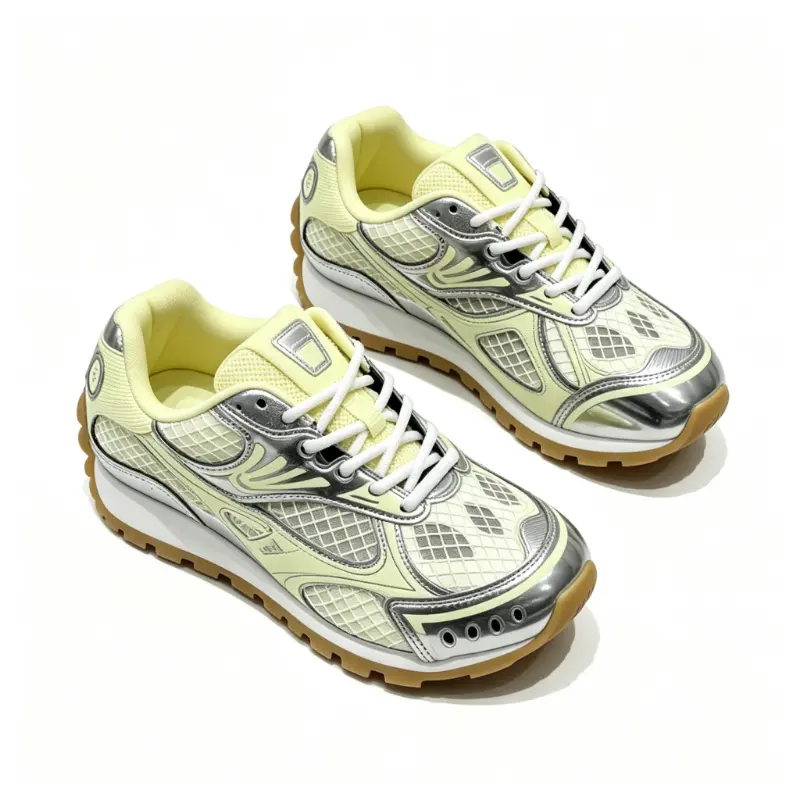 Pale Yellow Silver Mesh Retro Running Sneakers, Breathable Color Block Lace Up Trainer Shoes, Thick-Soled Height-Increasing Fitness Footwear, Trendy Y2K Street Style Athletic Walking Shoes for Daily Travel, Casual Outings & Outdoor Activiti