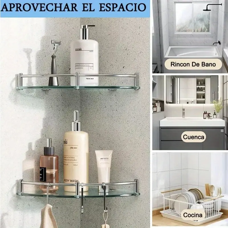 2 Stainless Steel and Glass Corner Shelves - Single-Layer Wall-Mounted Bathroom Storage Shelves, Including Metal Tubes, Bathroom Fixtures