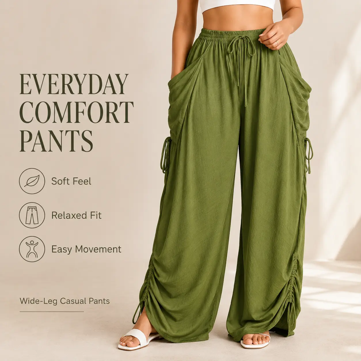 Women's Ruched Wide Leg Drawstring Bottoms - Elastic Waist Oversized Baggy Pants, Draped Pockets, Side Ties, Simple All-Season Casual Boho Everyday Vacation Womenswear