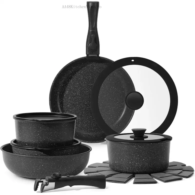 Velvet Bloom 15-Piece Nonstick Granite Cooking Set - PFAS-Free, BPA-Free, Detachable Handle, Oven Safe, Dishwasher Safe, Stackable, Induction Compatible, Outdoor-Friendly Healthy Easy-Care Home Kitchen Cookware, Nonstick Cooking SetAA48KitchenVibePro